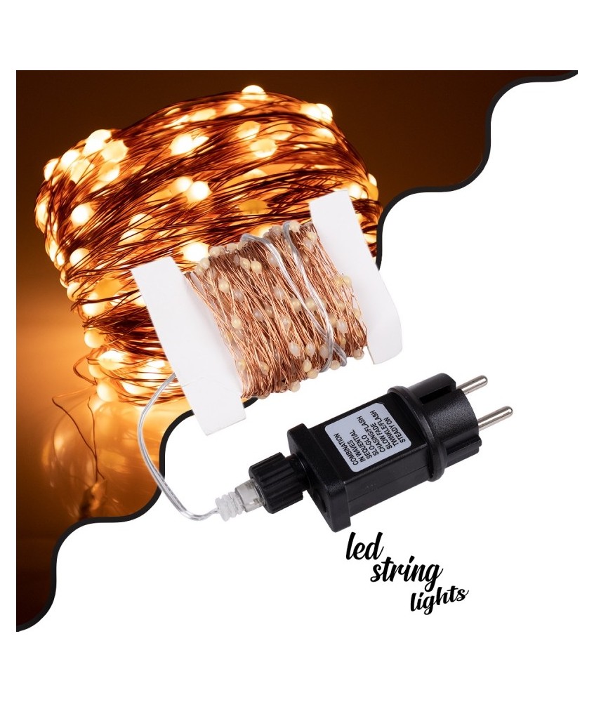 85842 Διακοσμητική Γιρλάντα 20 Μέτρα με Controller 8 Προγραμμάτων Εναλλαγών Φωτισμού - 200 LED 1.3W AC 230V με Χάλκινο Καλώδιο & Πρίζα Schuko Αδιάβροχη IP44 Θερμό Λευκό 3000K Μ20m